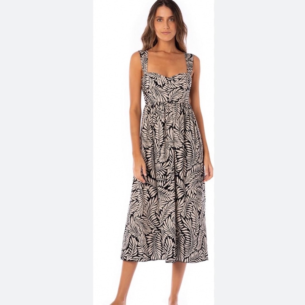 Maaji Midi Dress Black Cream Tropical Leaf Print Smocked Medium